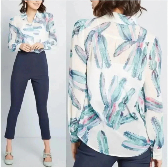 ModCloth Button Down Watercolor Cactus Shirt XS - Picture 2 of 6